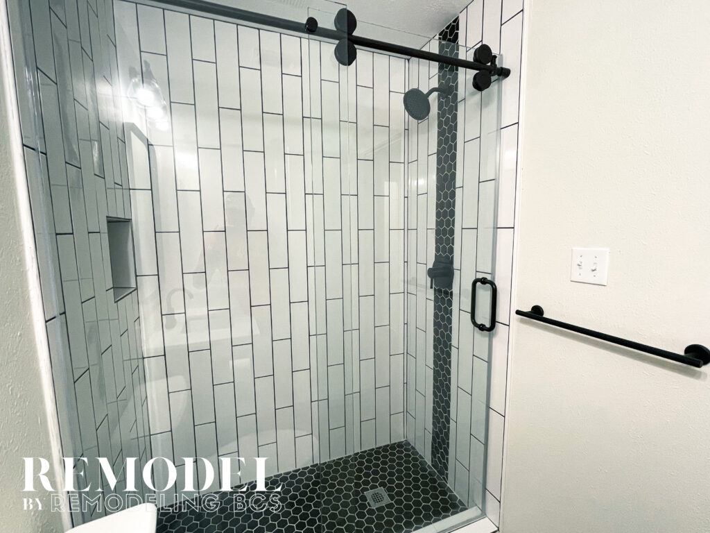 Roll-in shower contractors and walk-in shower remodel by Remodeling BCS.